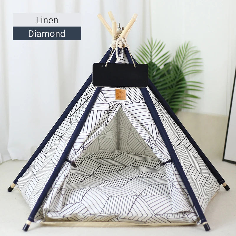 Pet Teepee Tent for Cats and Dogs – Portable Removable Washable Pet House with Cushion, Blackboard, Wooden Frame & Cozy Pet Bed