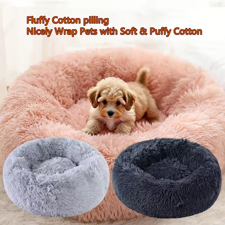 Soft Faux Fur Calming Donut Pet Bed for Cats & Dogs – Warm Washable Round Sleeping Cushion