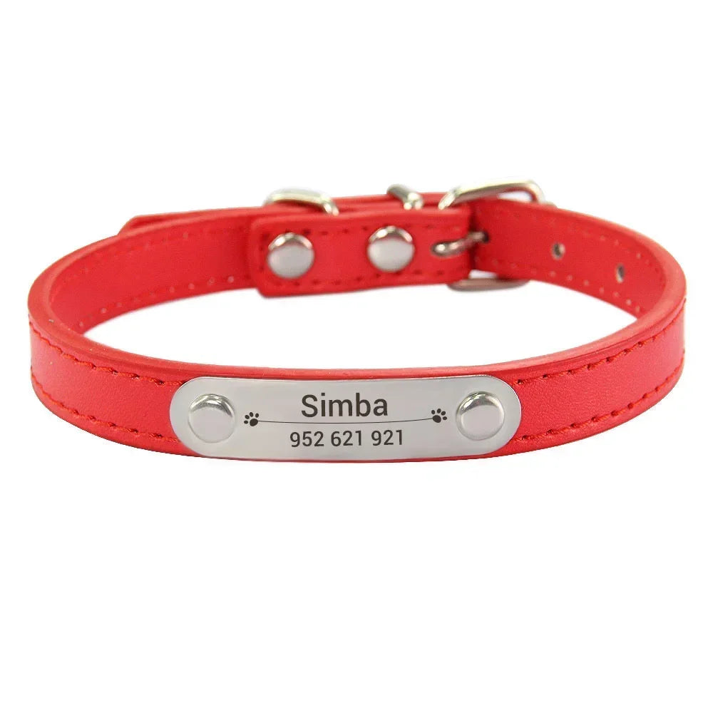 Personalized PU Leather Dog Collar with Engraved Name ID Tag – Adjustable Anti-Lost Pet Collar for Small Medium Large Dogs and Cats