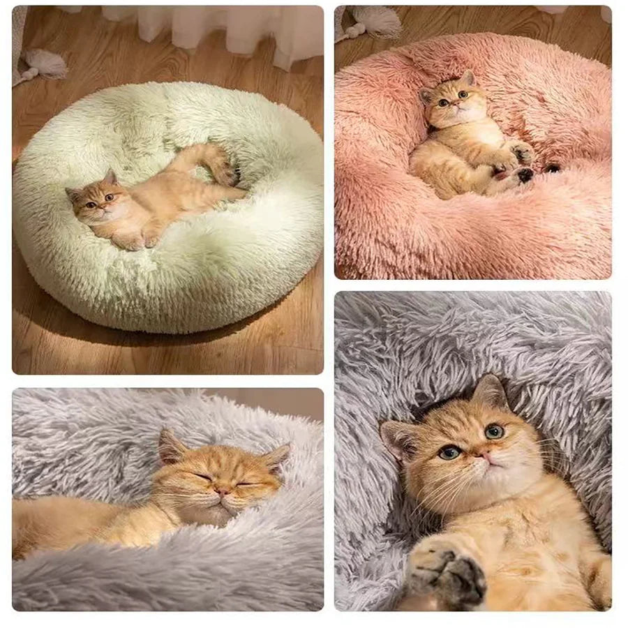 Soft Faux Fur Calming Donut Pet Bed for Cats & Dogs – Warm Washable Round Sleeping Cushion