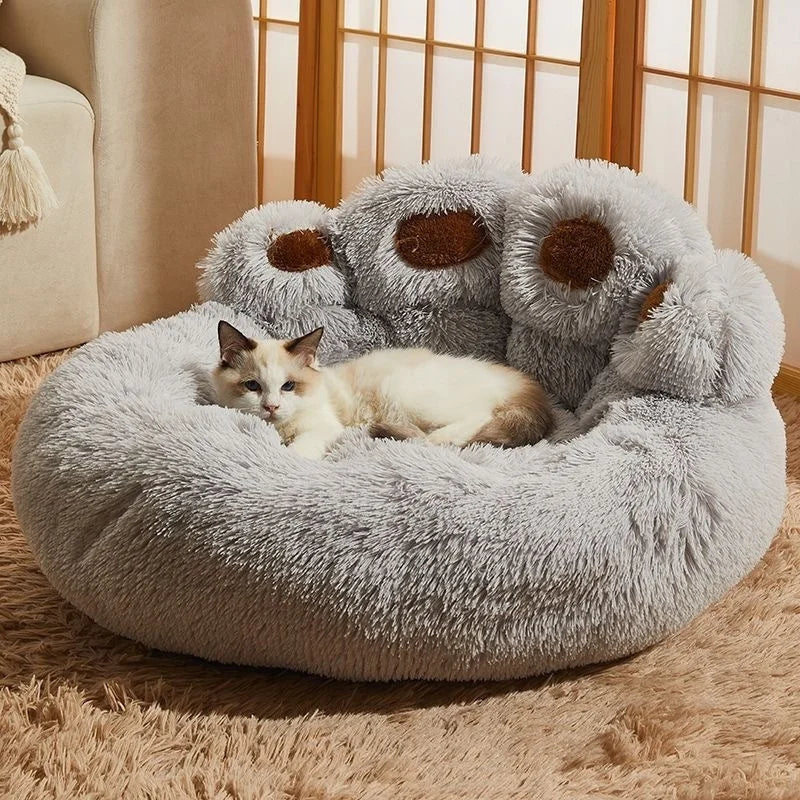 Warm Plush Bear Paw Pet Bed for Cats & Medium Dogs – Anti-Anxiety Calming Donut Cushion