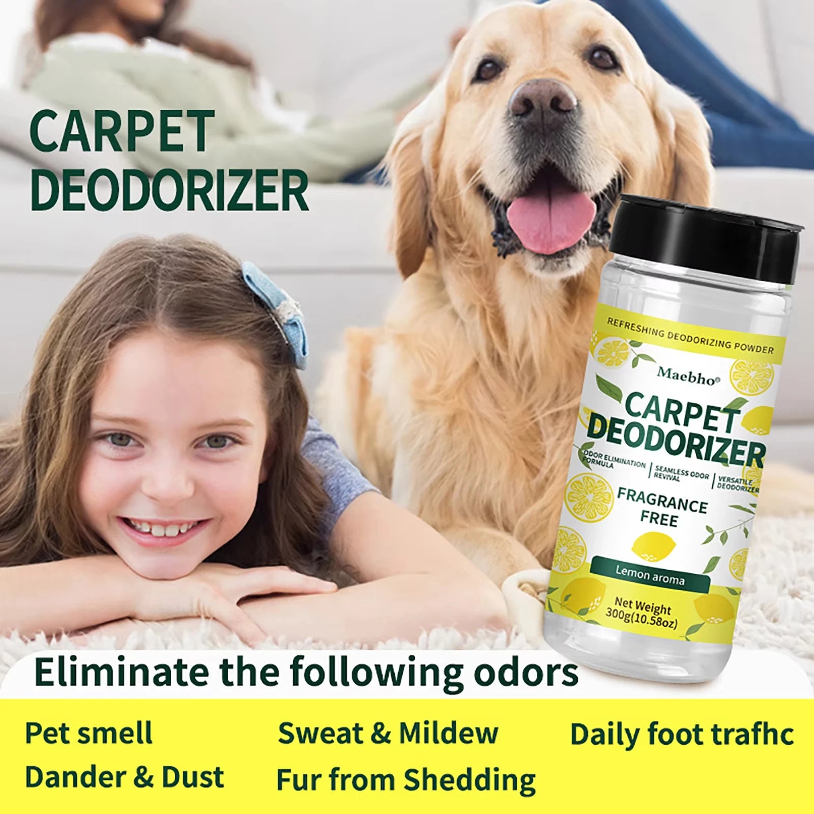 Carpet Deodorizing Powder – Powerful Pet Odor Eliminator & Lemon Carpet Freshener for Rugs, Sofas & Mattresses