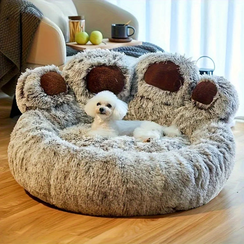 Warm Plush Bear Paw Pet Bed for Cats & Medium Dogs – Anti-Anxiety Calming Donut Cushion