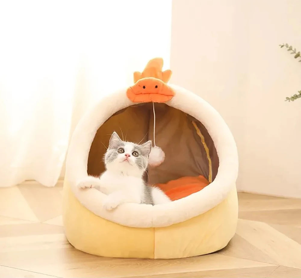 Foldable Deep Sleep Cat Bed Cave – Washable Cartoon Pet House for Cats & Small Dogs