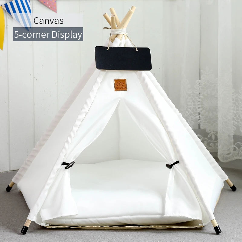 Pet Teepee Tent for Cats and Dogs – Portable Removable Washable Pet House with Cushion, Blackboard, Wooden Frame & Cozy Pet Bed