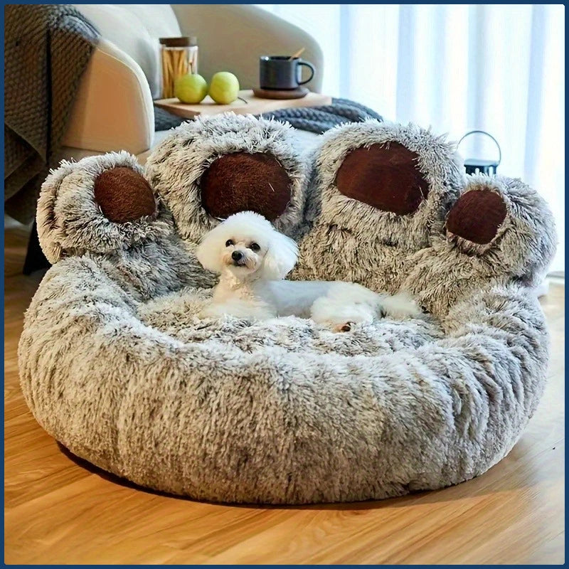 Warm Plush Bear Paw Pet Bed for Cats & Medium Dogs – Anti-Anxiety Calming Donut Cushion