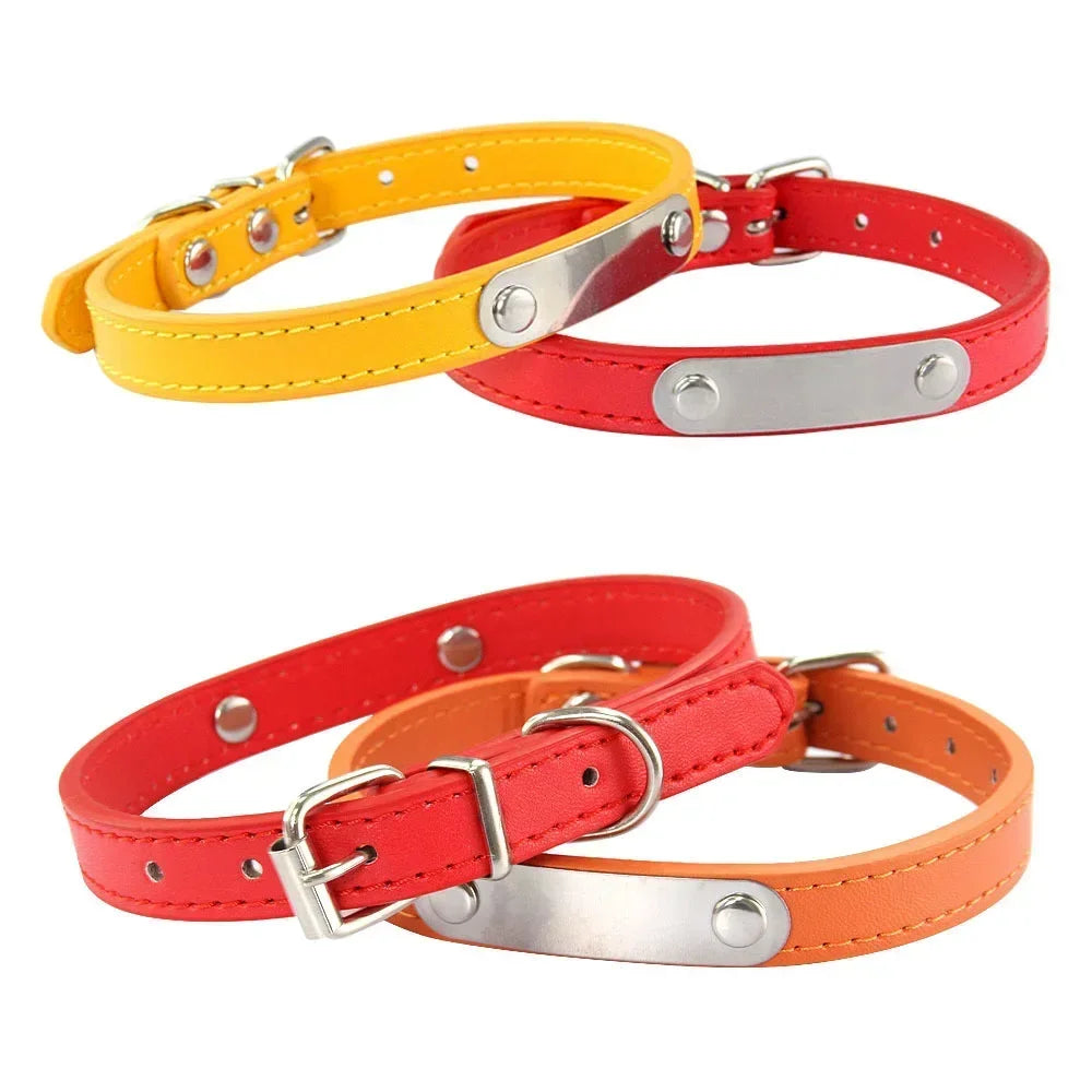 Personalized PU Leather Dog Collar with Engraved Name ID Tag – Adjustable Anti-Lost Pet Collar for Small Medium Large Dogs and Cats
