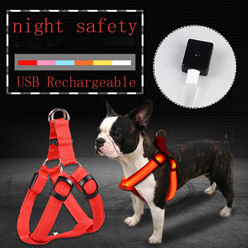 Adjustable LED Dog Harness Usb Rechargeable Flashing Night Safety No Pull Collars Harness For Small Medium Dogs Pets Arnes Perro