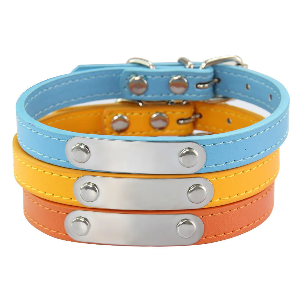 Personalized PU Leather Dog Collar with Engraved Name ID Tag – Adjustable Anti-Lost Pet Collar for Small Medium Large Dogs and Cats
