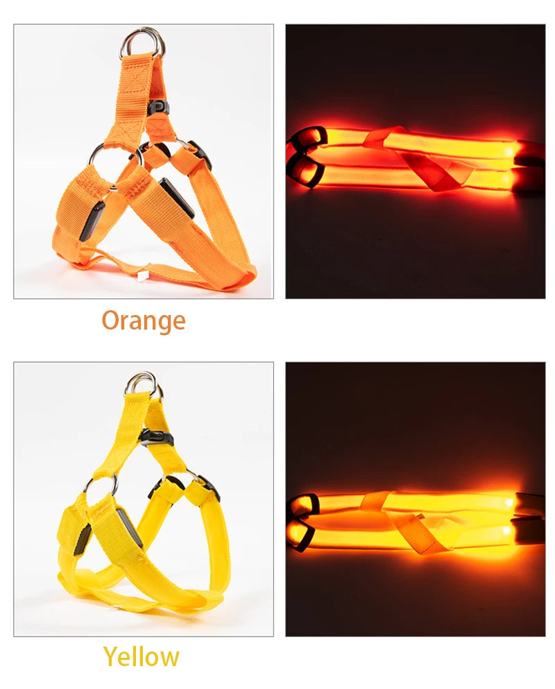 Adjustable LED Dog Harness Usb Rechargeable Flashing Night Safety No Pull Collars Harness For Small Medium Dogs Pets Arnes Perro