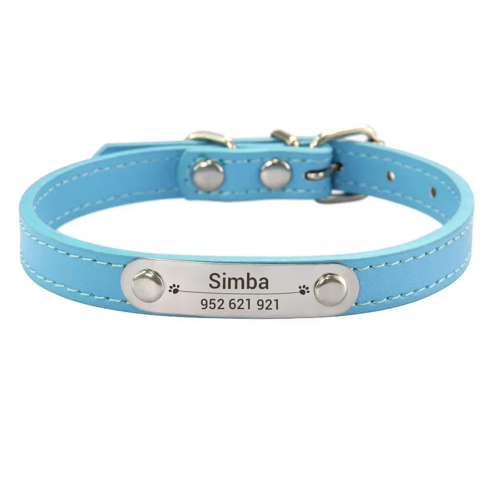 Personalized PU Leather Dog Collar with Engraved Name ID Tag – Adjustable Anti-Lost Pet Collar for Small Medium Large Dogs and Cats