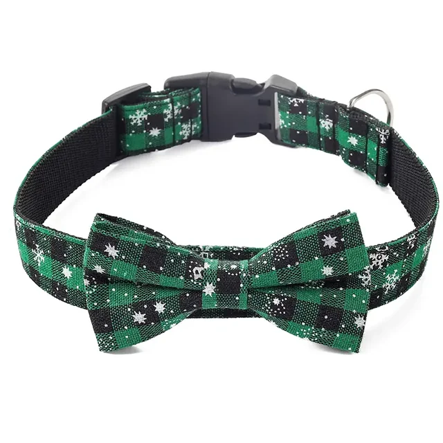Christmas Plaid Dog Collar with Bow Tie and Snowflake Design | Adjustable Holiday Pet Collar for Small Large Dogs and Cats