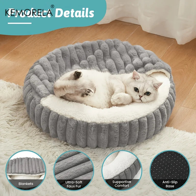 Warm Calming Hooded Cat Cave Bed for Cats & Puppies – Non-Slip Indoor Sleeping Cushion for Kittens & Small Dogs