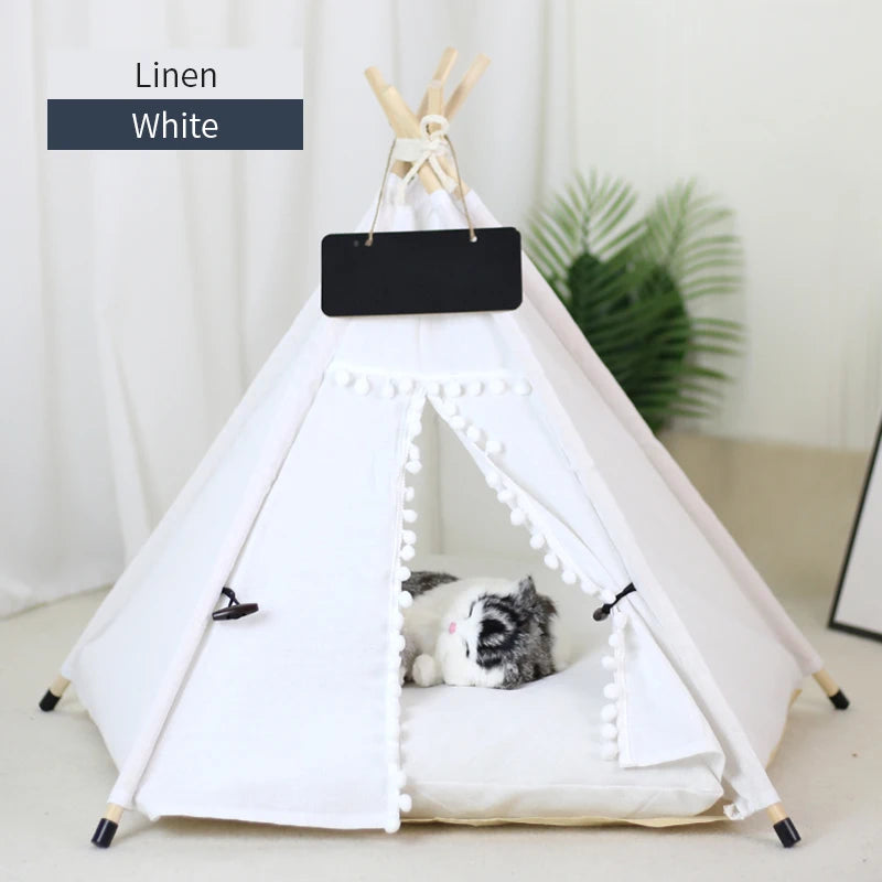 Pet Teepee Tent for Cats and Dogs – Portable Removable Washable Pet House with Cushion, Blackboard, Wooden Frame & Cozy Pet Bed
